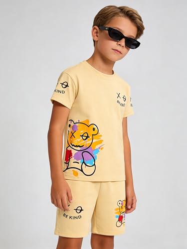Image of Cakaner Tween Boys Summer Clothes 2 Piece Short Sleeve Graphic T-Shirt and Shorts Casual Outfit Set Size 7-14