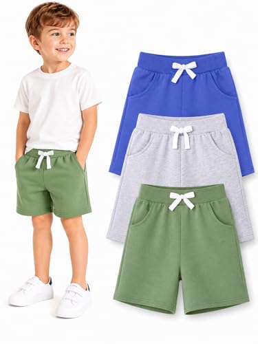 Image of HILEELANG Boys Sweat Shorts 3 Pack, French Terry Cotton Pull On Shorts with Pockets for Toddler Little Boys 2-7Y