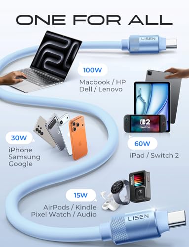 Image of LISEN 10FT USB C Cable Fast Charging, Chubby 240W Cable USB C to USB C Fast Charging Soft Silicone USBC to USBC Parallel Cable for iPhone 17 Pro Max 16 15 Samsung S25 Ultra MacBook Pro Air iPad Blue