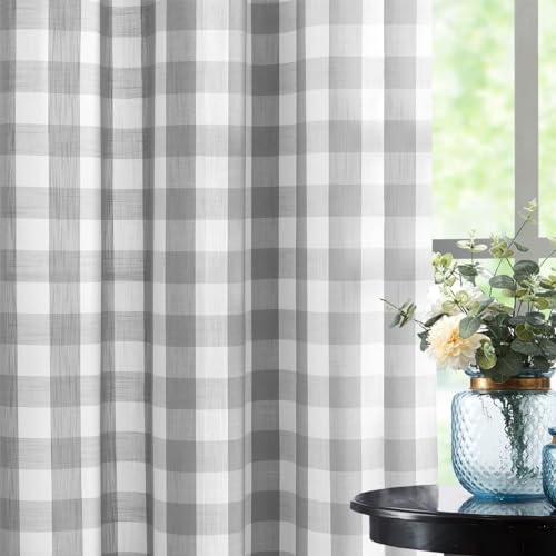 Abstractex Grey White Gingham Sheer Curtains 60x72 Inch for Bedroom Buffalo Check Linen Textured Semi Sheer Privacy Drapes for Living Room Light Filtering Rustic Eyelet Window Treatments 2 Panels