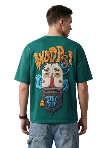 Image of Veirdo Men's Oversized T-Shirt | 240 GSM | Pure Cotton | Drop Shoulder | Round Neck | Half Sleeve Graphic Puff Print | Summer Casual Streetwear Loose Fit Tee