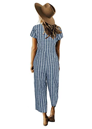 Cosygal Women's Striped Linen Short Sleeves Wide Leg Palazzo Jumpsuit Romper With Zip Pockets Tie Blue Striped Small #TOP1