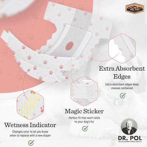 Image of Dr Pol Dog Diapers for Female Dogs | Disposable Pet Diapers with Wetness Indicators | Adjustable Fit | Leak Protection & Super Absorbent | Perfect for Heat Cycles & Training Accidents | Pack of 50