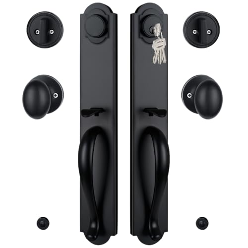 HISAFE Double Door Handle Set for Front Door, Matte Black Keyed&Dummy Exterior Door Lockset with Deadbolt, Reversible for Right&Left Handed