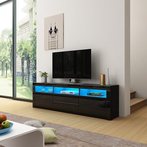 TV Schrank,Fernsehertisch bis zu 65 Zoll,Fernsehkommode Fernsehschrank mit 2 Schubladen, 2 Türen,TV Board Hochglanz mit LED Beleuchtung,TV Cabinet Lowboard für Wohnzimmer Schlafzimmer (Schwarz)