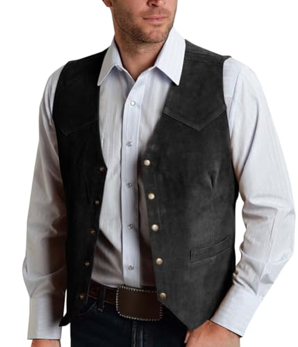 Oanviso Homme Gilet De Costume Gilets en Daim Veste Mode Style Cowboy Western Vintage Traditionnel Formelle Vestes sans Manches Coupe Normale A Noir L