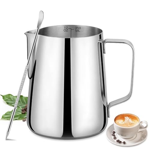 12oz Milk Frothing Pitcher Stainless Steel Steaming Jug with Latte Pen