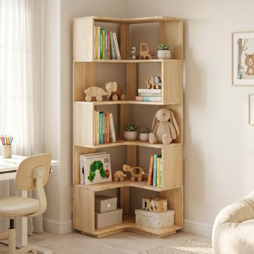 HOTAMO Tall Corner Bookshelf, 6-Tier Solid Pine Wood Corner Bookcase, 64