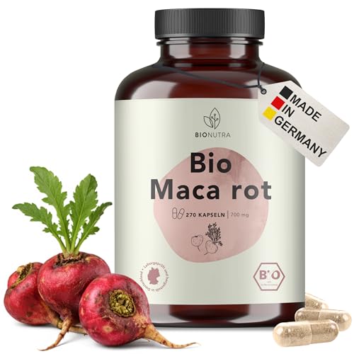 BIONUTRA© Bio Maca Rot Kapseln, 270 Stück à 700 mg hochdosiert, vegan & ohne Zusätze, Rückstandskontrolliert, Deutsche Herstellung aus rotem Maca Bio Wurzelpulver