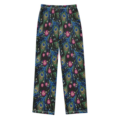 Peacock Feather Floral Boys Long Pants Soft Trousers Elastic Waist Kids Lounge Bottoms with Pockets S-XL