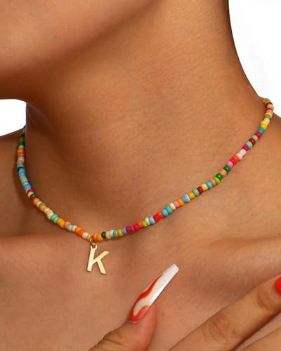 Colorful Initial Necklaces for Girls Women - Cute Beaded Choker Initial Necklace Teen Girl Gifts Trendy Stuff, Bohemian Letter Necklace Personalized Gifts for Girls Women Jewelry4