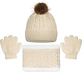 PEAK 2 PEAK 3-Piece Beige Hat, Glove and Scarf Set For Girls and Boys Ages 1-5 Years - Fleece Lined