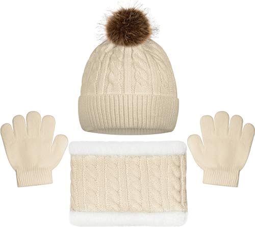 PEAK 2 PEAK 3-Piece Beige Hat, Glove and Scarf Set For Girls and Boys Ages 1-5 Years - Fleece Lined