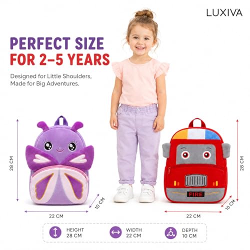 Image of Cartoon Plush Kids School Bag 2-6 Years | Soft Toy Backpack for Boys & Girls | Toddler Nursery Preschool Bag | Lightweight Adjustable Straps