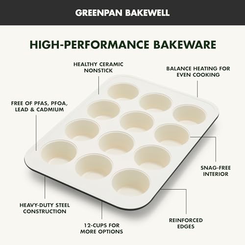 GreenPan Bakewell 12-Cup Muffin Pan, Healthy Ceramic Nonstick Bakeware, PFAS-Free Cupcake Sheet, Durable Baking Tray, Versatile Kitchen Essentials, Easy Clean Muffin Mold, Nonstick Baking Pan, Black