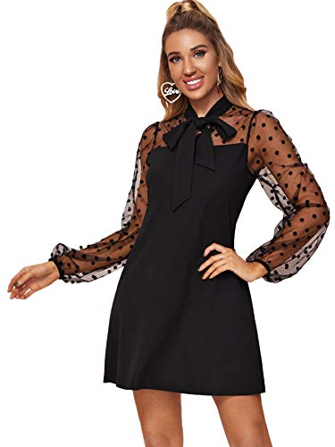 Romwe Women's Mesh Bishop Sleeve Mock Neck Solid Tunic Elegant Short Dress Dark Black Dots S #TOP3