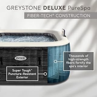 INTEX PureSpa Greystone Deluxe 4 Person Square Inflatable Hot Tub, Bubble Massage Spa Set with Energy Efficient Cover, 2 Headrests, & LED Light, 69 in x 28 in