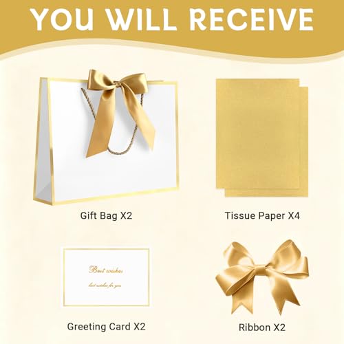 Image of JMANNI Gift Bags with Handles, 11 inch Small Gift Bags with Tissue Paper | 2 Pcs White Bags, 4 Tissue Paper and 2 Cards, for Baby Shower, Wedding Bridal Shower, Birthday Party