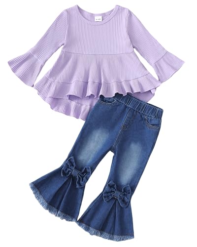 Image of Kucnuzki Toddler Baby Girls Clothes Long Sleeve Shirt Top Flare Denim Jeans Cute Outfit Baby Girl Fall Winter Clothes