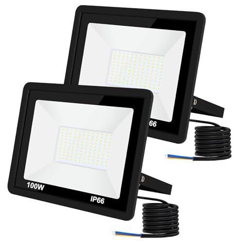 100W LED Flood Light Outdoor,2Pack Bright 6500K Led Floodlight Wired Security Lights IP66 Waterproof LED Work Light for Yard Garage Stadium Garden Patio