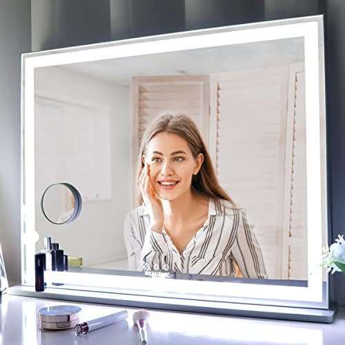 ANYHI Vanity Mirror with LED Light, Large Hollywood Lighted Makeup Mirror, Tabletop/Wall Light Up Mirror for Bedroom, Smart Touch Screen, 3 Color Modes, Silver (22.1" x 28.3")