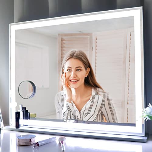 Anyhi Vanity Mirror With Led Light, Large Hollywood Lighted Makeup Mirror, Tabletop/Wall Light Up Mirror For Bedroom, Smart Touch Screen, 3 Color Modes, Silver (22.1" X 28.3") #TOP7