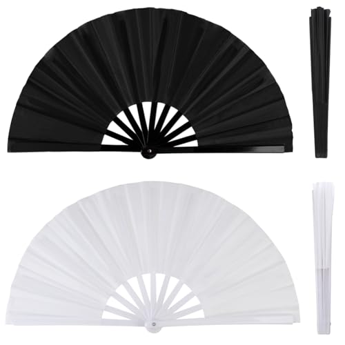 JUNENTER 2個パック 大型折りたたみハンドファン 男女兼用 レイブファン 中国カンフー 太極拳ハンドファン ブラック ビンテージ 折りたたみハンドファン ダンス、フェスティバル、ギフト、ホームデコレーション用 (Iconic & SLAY)