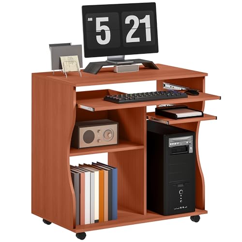 HOMCOM Computer Desk with Sliding Keyboard Tray, Mobile Home Office Desk, Study Table with Storage Shelves, PC Desk on Wheels, Cherry Wood Colour