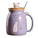 Tiamu Mamma Tazza Caffè in Ceramica Carino Gatto Tazze Colazione Fatto Tazze Personalizzata con Cucchiaio, Kitty Cup Tazze Cappuccino Cioccolata Calda Tazze Colazione Latte Thè 480ML (Viola)
