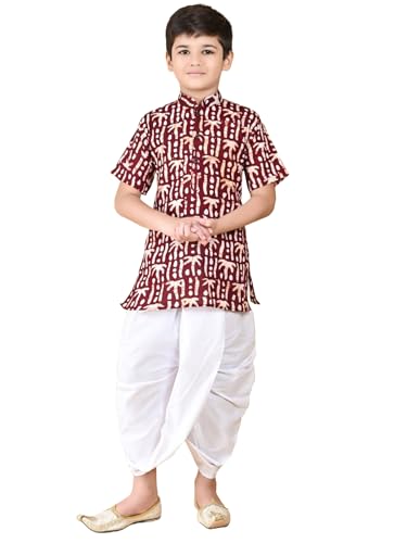 Image of Kids Traditional Pure Cotton Batik Printed Kurta & Dhoti Pant Set, Short Sleeve, White Bottom, Ethnic Wear