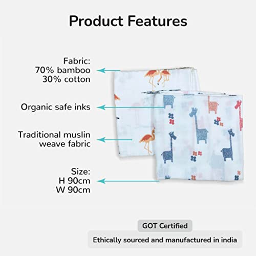 Image of TinyLane - Curated for you! 100% Organic Bamboo Muslin Swaddle New Born Baby, 0-6+ Months, 90x90 cm, Multi Color, Skin Friendly (Giraffe + Flamingo, Pack of 2)