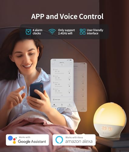 ecozy Sunrise Alarm Clock, White Noise Machine, Sunrise/Sunset Simulation, App&Voice of Alexa Control, 4 Alarms&Snooze, 17 Color Lights 22 Sleep Sounds, Bluetooth Wake Up Light for Heavy Sleeper/Kid - Image 3