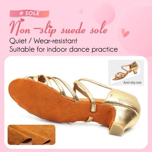 YKXLM Girls Latin Dance Shoes Kids Low Heels Tango Salsa Ballroom Practice Dance Shoes, 1208,Gold,13.5 M Little Kid4