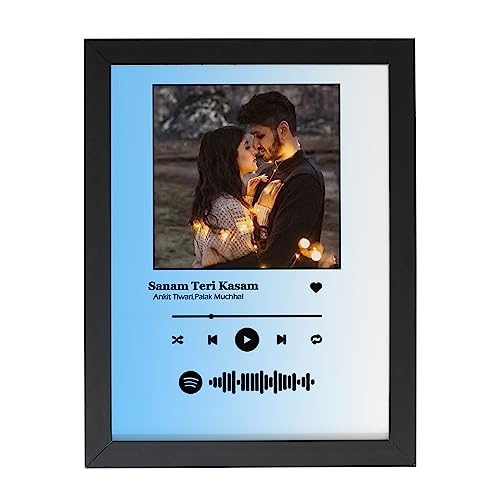 Image of Personalized Spotify Song Barcode With Photo & Message Digital Print Wooden Photo Frame For Birthday Gifts - Blue & White - 6X8 Inch, Wall Mount, Rectangular