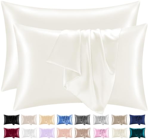Lazzaro Satin Silk Pillowcases for Hair and Skin - Hypoallergenic Pillow Cases 2 Pack with Envelope Closure - Ultrasoft Standard Size Ivory White Silk Pillowcases (50 x 75 cm)