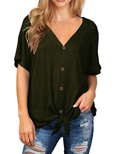 Image of IWOLLENCE Women's Waffle Knit Tunic Blouse Tie Knot Short Sleeve Henley Tops Loose Fitting Bat Wing Shirts