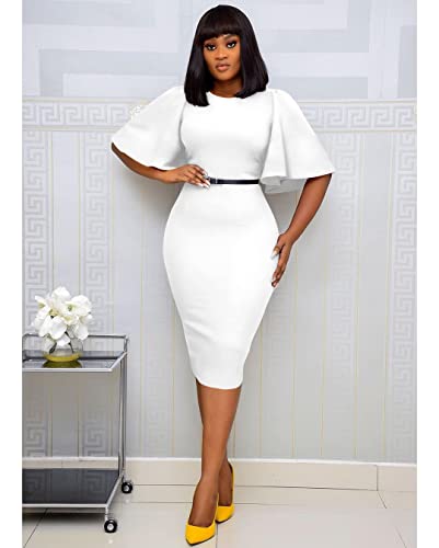 Image of Memoriesea Women's Basic Bodycon Ruffle Flared Short Sleeve Pencil Midi Dress