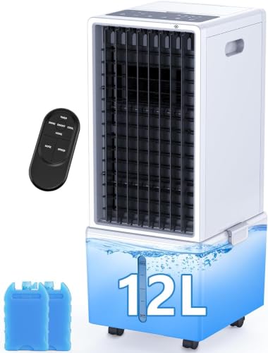 Image of Windowless Portable Air Conditioners, 35 inch Swamp Cooler w /4 Ice Packs, 3 Speeds, 25ft Remote & 7H Timer, 90Oscillating Evaporative Cooler, Ventless Air Conditioner AC Unit for Bedroom Black