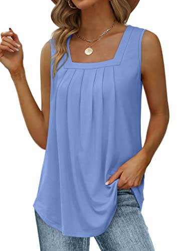 Image of Saloogoe Summer Tank Tops for Women Loose Fit Pleated Square Neck Sleeveless Tops Curved Hem Flowy
