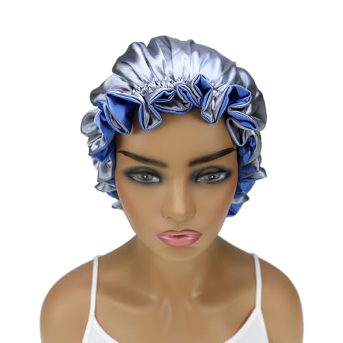 Adjustable Silk Satin Bonnet Hair Care Caps for Women Girls Loose-fitting Reversible Sleeping Cap Shower Caps Hair Wrap Bonnets (006 Royal/Silver)
