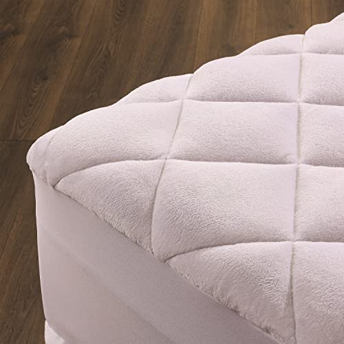 Mastertex Down Alternative Mattress Pad Cover, Double Puff Quilted Mattress Topper, Extra Plush Fiberfill Topped With Super Soft Fleece - Two Layers (White - Queen Size - 60"X80") #TOP6