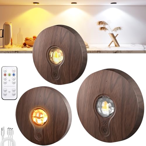 Image of UNUSROOM Rechargeable Puck Lights with Remote Control,2000mAh High Capacity Battery Operated LED Under Cabinet Lighting,Dimmable Tap Stick On& Wireless Closet Light for Kitchen Counter