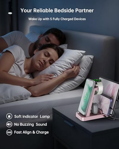 Image of Wireless Charger for Samsung: 5 in 1 Samsung Wireless Charging Station for Galaxy S26Ultra /S25 /S24, Charger Dock Stand for Galaxy Watch8 /7 /6 /5, Android Charging Station for All USB-C Buds, Pink