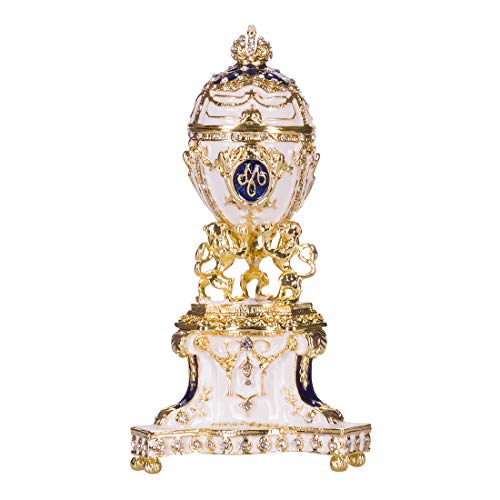 huevo ruso de Estilo Faberge   caja de joya Real Danés (Jubileo Danés) con leones y corona 13 cm azul