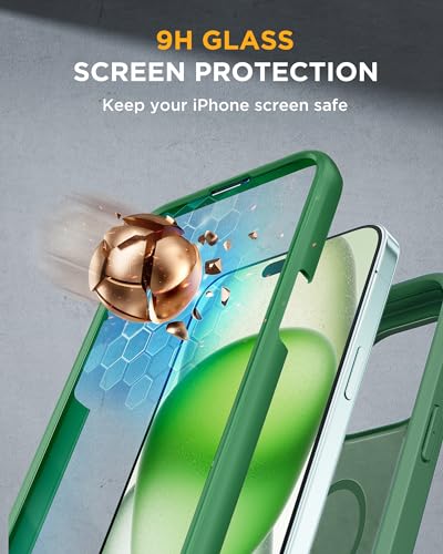 Image of Miracase Glass Series for iPhone 15 Case [Compatible with MagSafe] Full-Body Magnetic Case with Built-in 9H Tempered Glass Anti-Fingerprint Screen Protector + Camera Lens Protector, Matte Green
