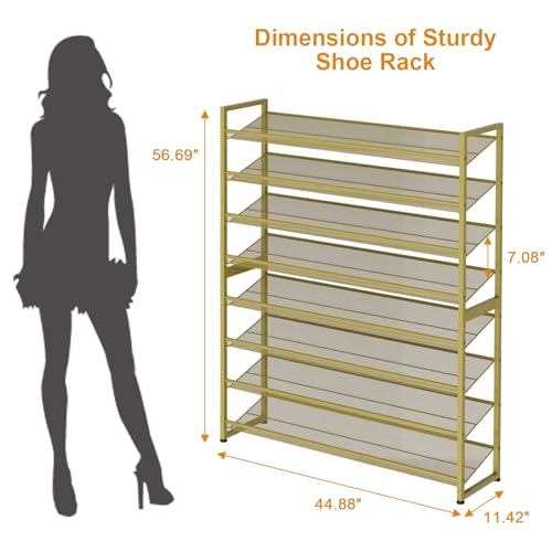 Image of Large Shoe Rack 8 Tier Shoe Organizer, Heavy Duty Metal 4-Tier Stackable Shoe Storage Vertical Shoe Rack for Closet Front Door Entrance, Up to 50 Pairs, 44.8 inch W x 11.4 inch D x 56.7 inch H, Gold