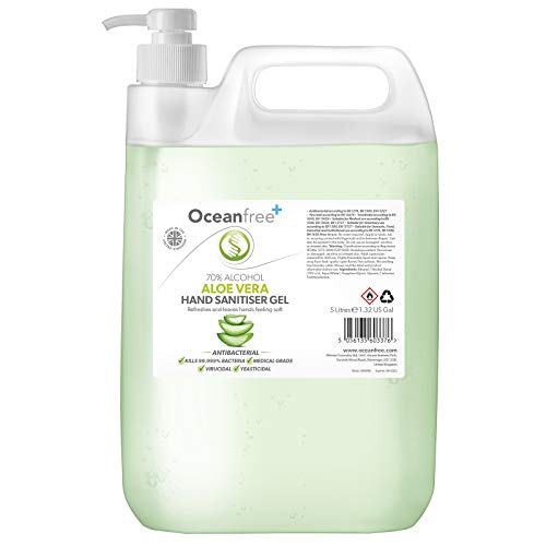 Aloe Vera Hand Sanitiser Gel - 5L Litre with Pump - 70% Alcohol - Made in the UK (Single)