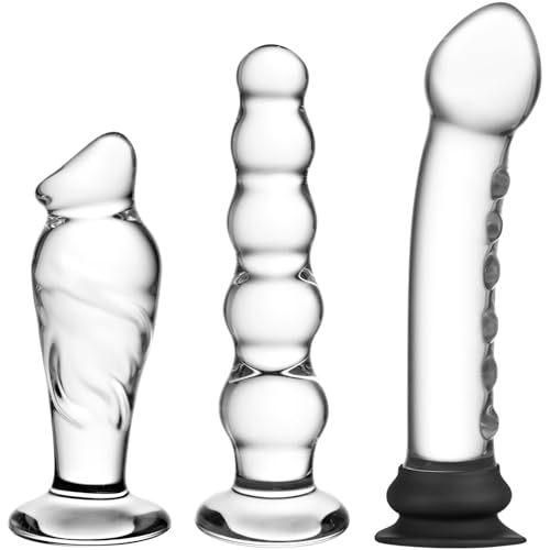 3-Piece Realistic Glass Suction Dildo Set with Anal Beads Thick Butt Plug Cute Thin Small Dildo Detachable Silicone Suction Base Ideal for Temperature Anal/Vaginal Pleasure for Beginners Advanced