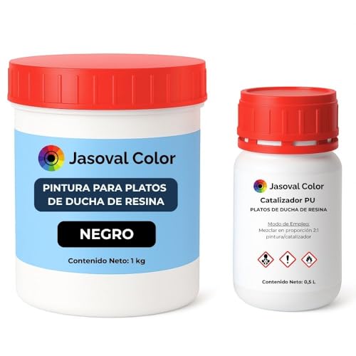Jasoval Color Pintura Plato Ducha Resina Antideslizante Negro, Kit Reparacion Plato Ducha Resina, Pintura Antideslizante (1 kg Poliuretano + 0,5 L Catalizador)