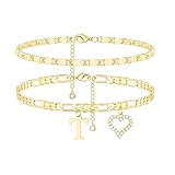 Wremily Initial Ankle Bracelets for Women Waterproof 14K Gold Plated Dainty Layered Figaro Chain Letter Initial CZ Heart Ankle Bracelets Set Summer Beach Jewelry for Women